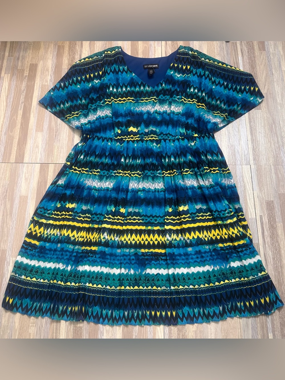 Lane Bryant Teal, Navy & Yellow Zigzag Casual Dress Women’s Plus Size 18/20